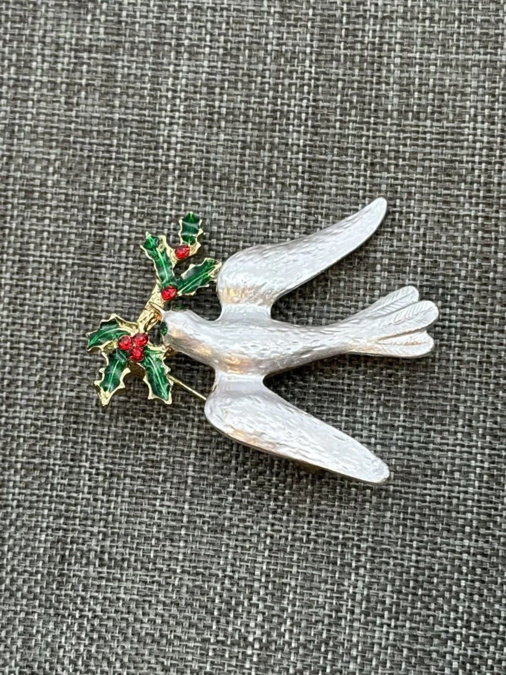 Vintage Christmas Dove Brooch 1.75 In White Green Red Enamel Rhinestone Holiday